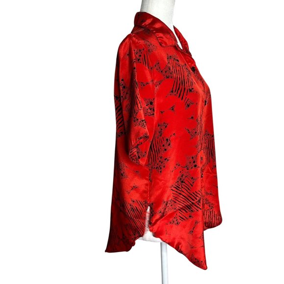 Vintage 80s Red Black Button Up Blouse Medium Short Sleeve Abstract Print - Picture 5 of 8